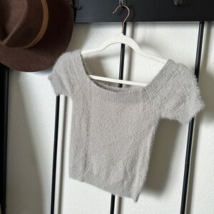 Kendall & Kylie gray fuzzy faux fur off shoulder knit stretch sweater crop top